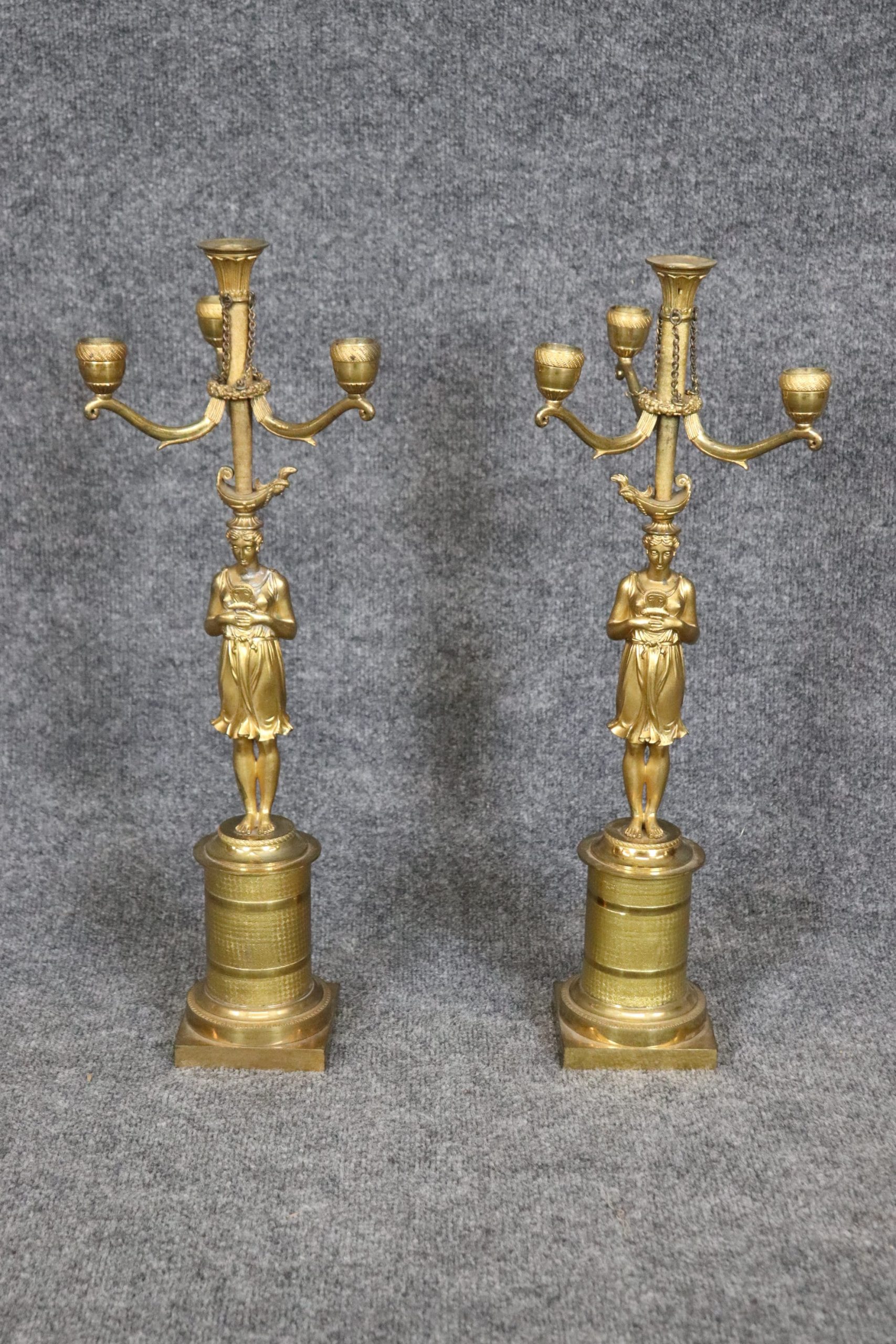Pair of French Empire Style Gilt Metal Figural Candelabras, Vintage Decor - Image 3