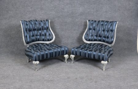 Vintage Pair of Distressed Paint Decorated Lounge Chairs, Slipper Chairs