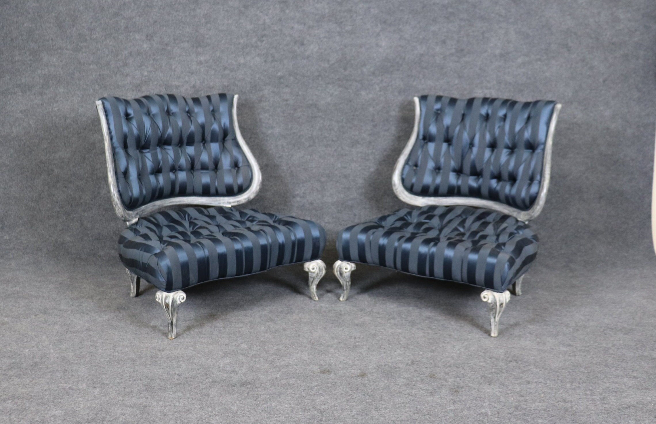 Vintage Pair of Distressed Paint Decorated Lounge Chairs, Slipper Chairs