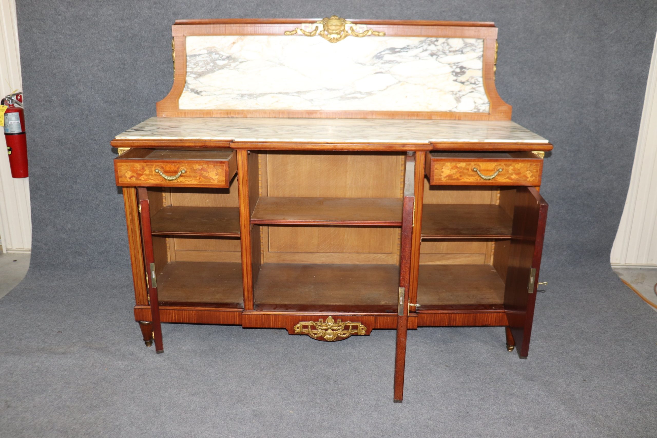 Antique Louis XVI Style Art Nouveau Inlaid Marble Top Server, Buffet - Image 5