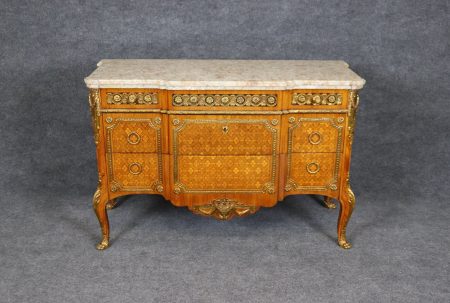 Louis XV Style Inlaid Brass Mounted Marble Top Commode, Chest of Drawers