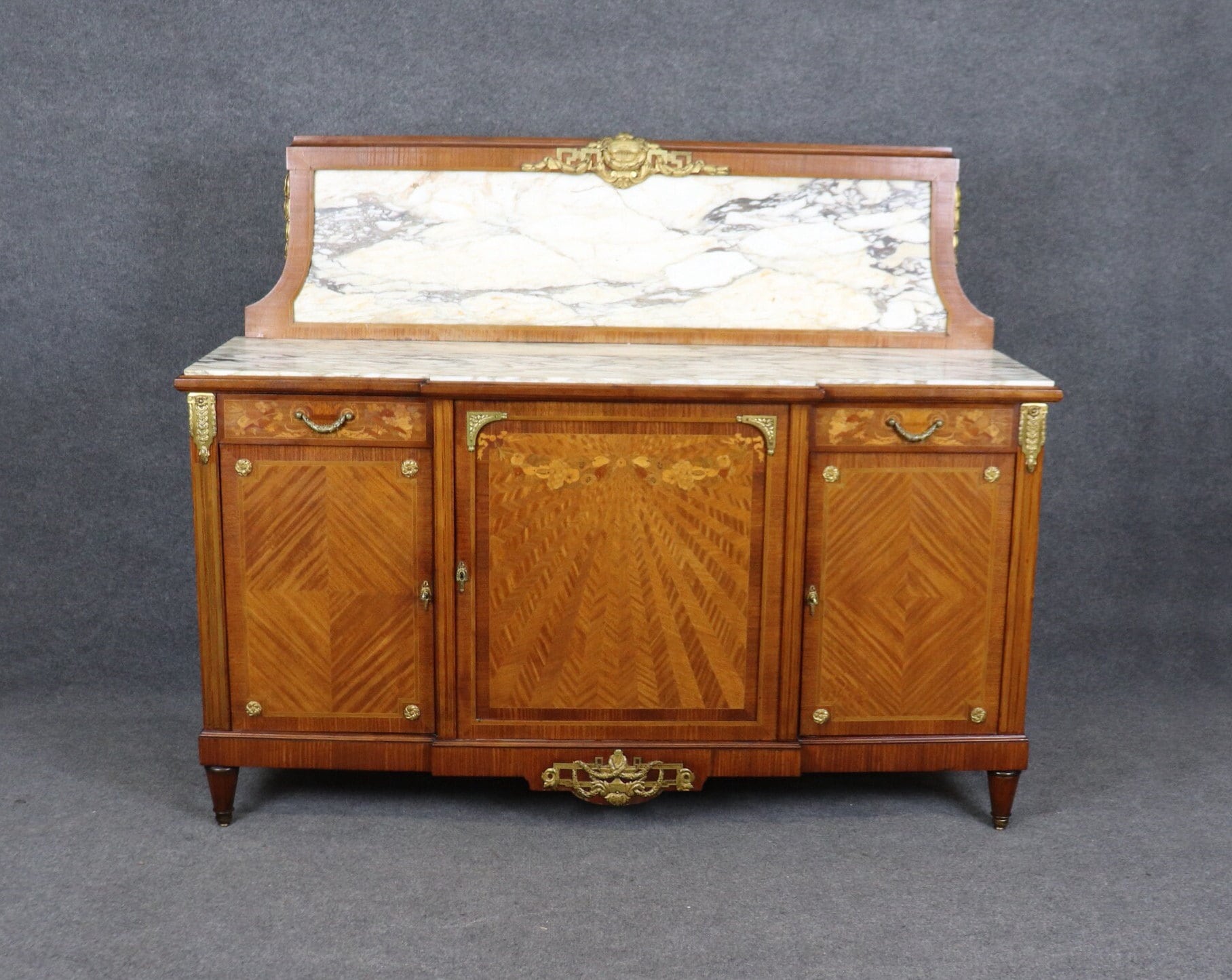 Antique Louis XVI Style Art Nouveau Inlaid Marble Top Server, Buffet