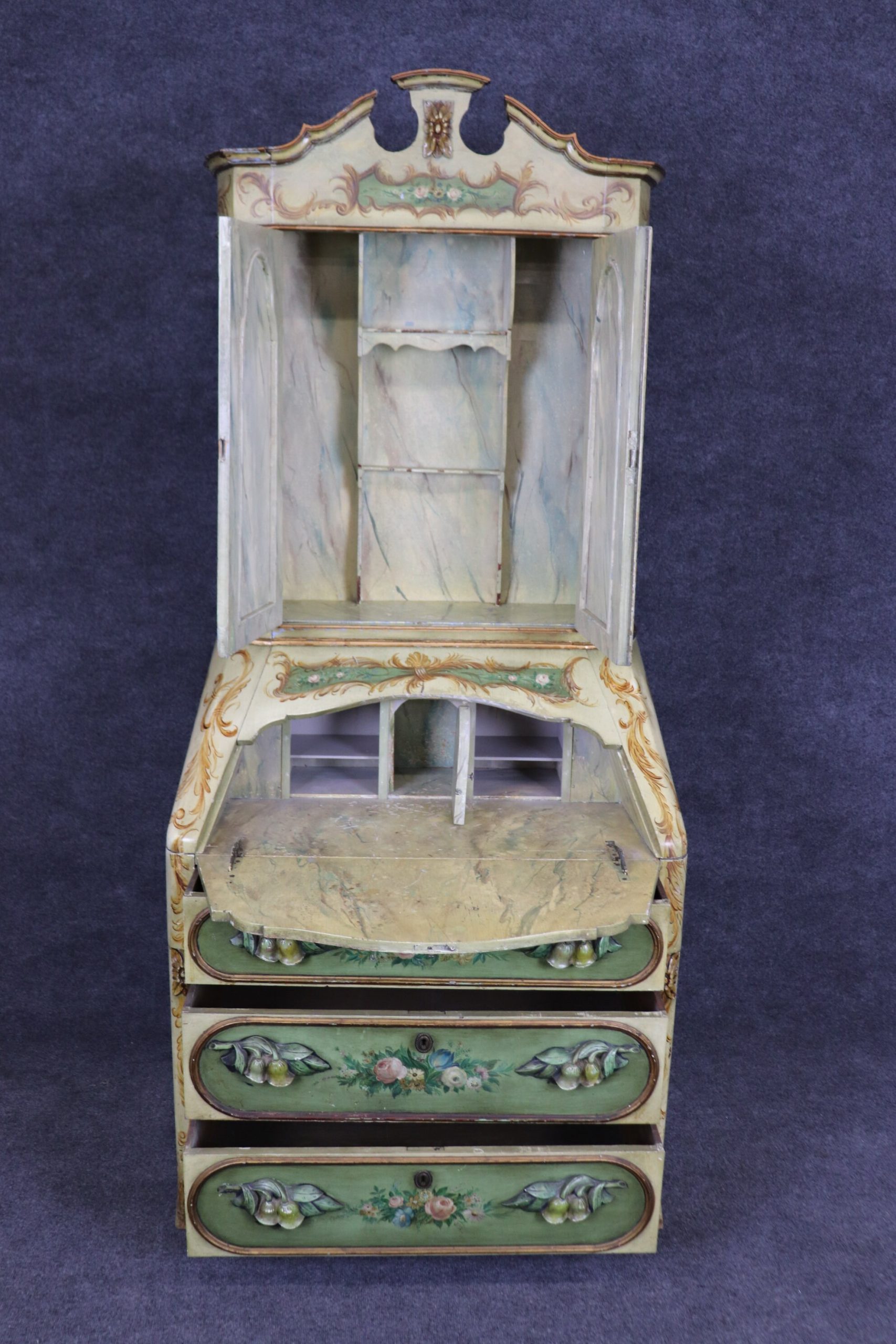 Antique 19th Century Italian Venetian 2 Piece Paint Decorated Secretary Desk, Vintage Secretary - Image 3