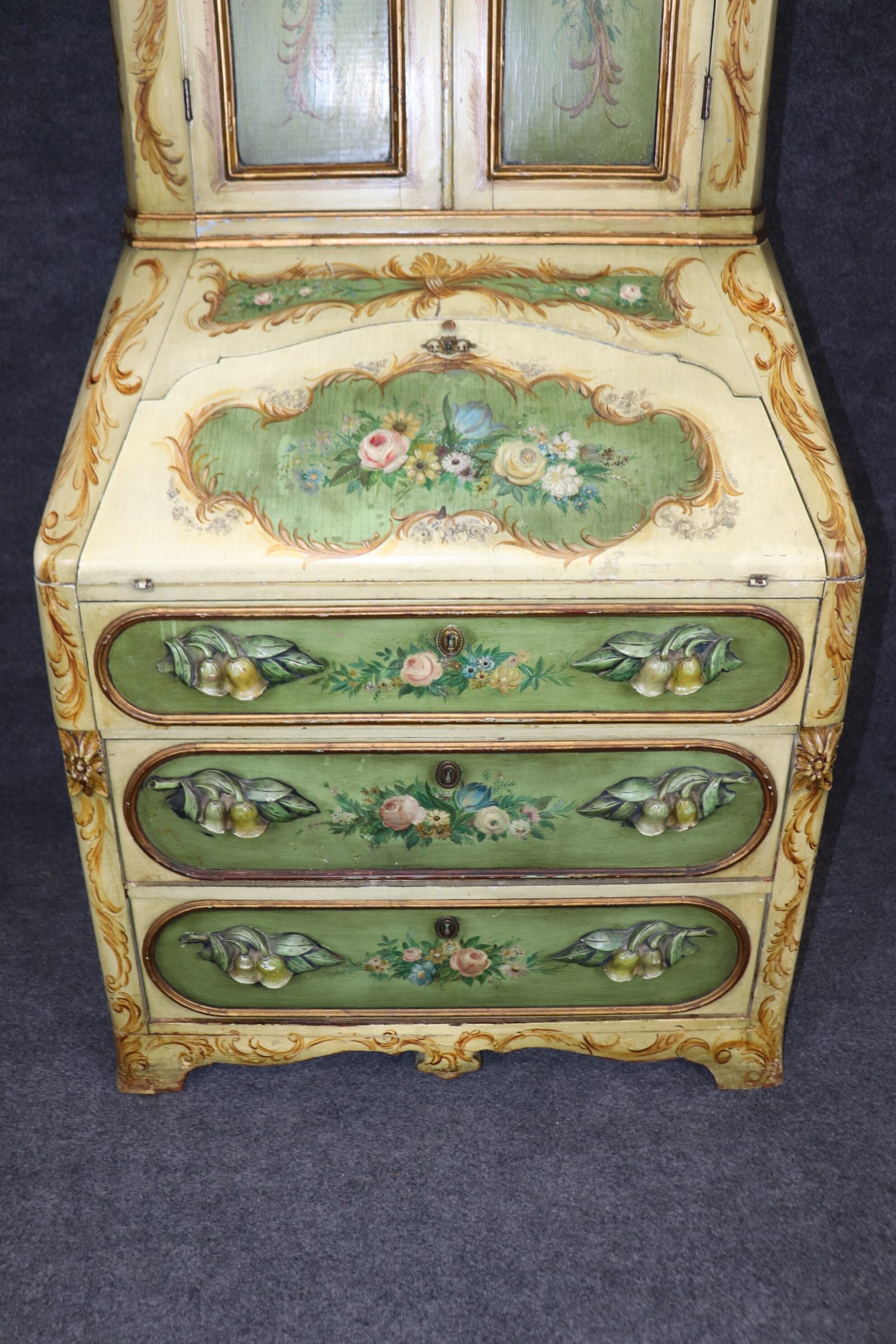 Antique 19th Century Italian Venetian 2 Piece Paint Decorated Secretary Desk, Vintage Secretary - Image 6