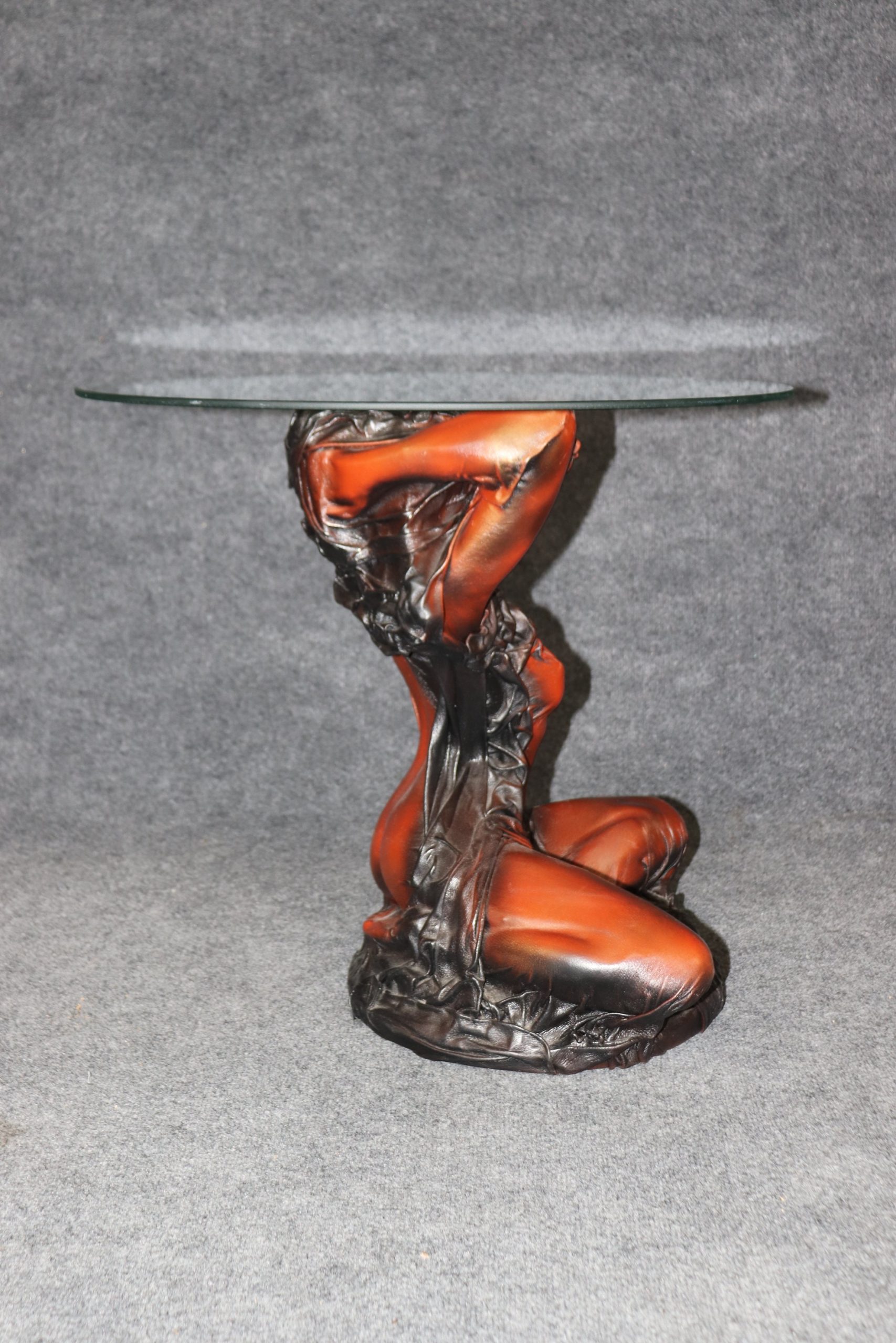 Vintage Leather Wrapped Glass Top Figural End Table by Daphne Du Barry, Sculptural Table - Image 4