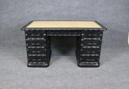 Vintage Ebonized Faux Bamboo Leather Top Writing Desk, Executive Desk