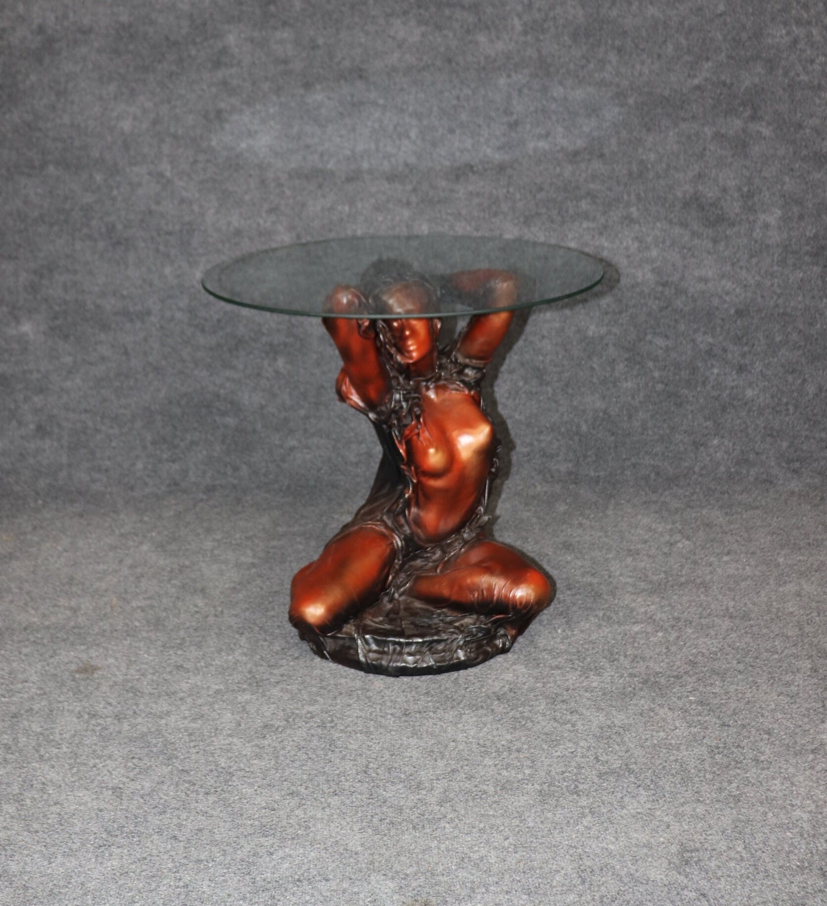 Vintage Leather Wrapped Glass Top Figural End Table by Daphne Du Barry, Sculptural Table