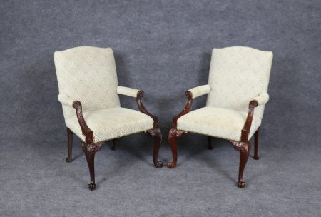 Pair of Vintage Chippendale Style Carved Mahogany Open Armchairs, Accent Chairs