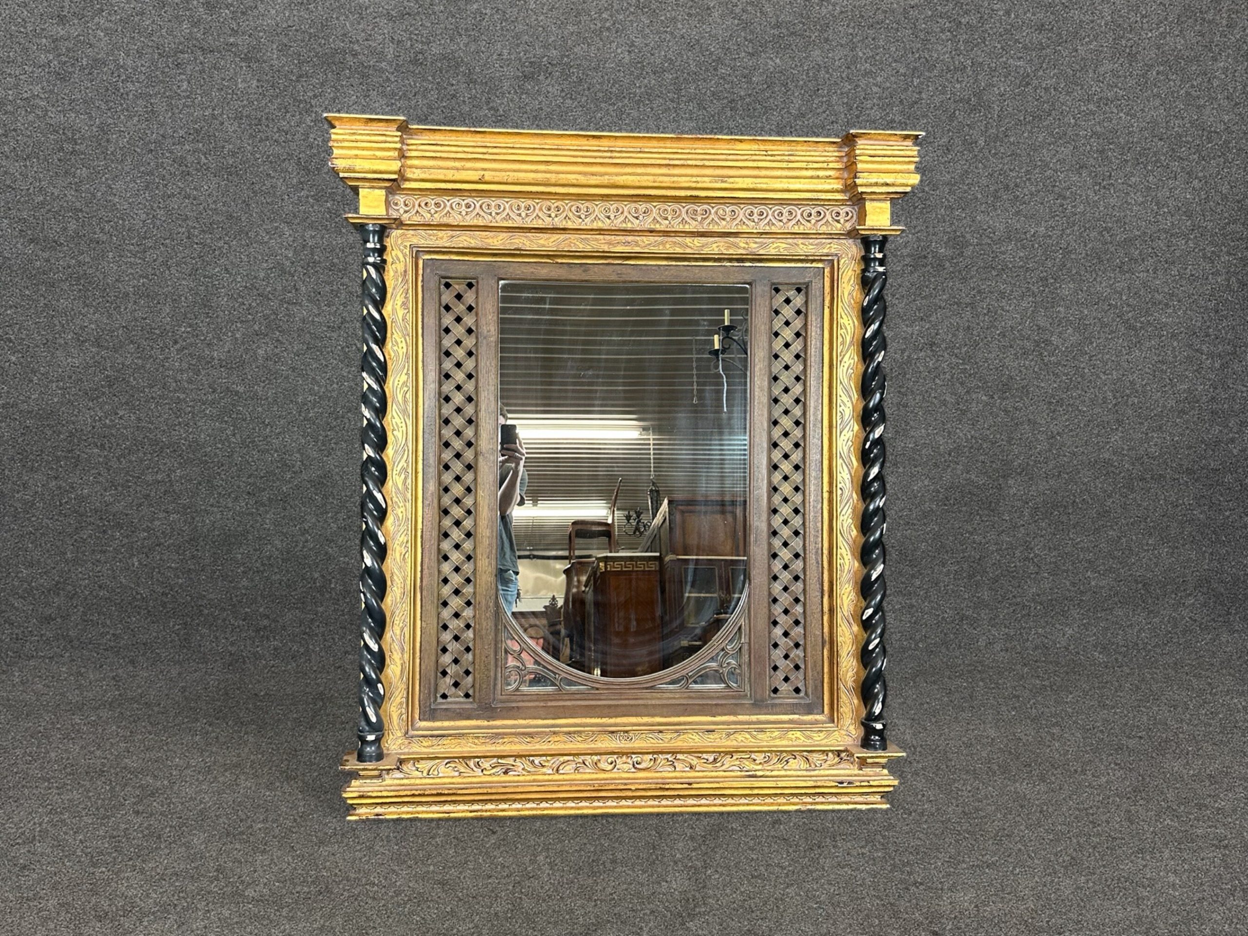 Vintage Dauphine Regency Style Carved Distressed Gilt Wall Hanging Mirror, Accent Mirror