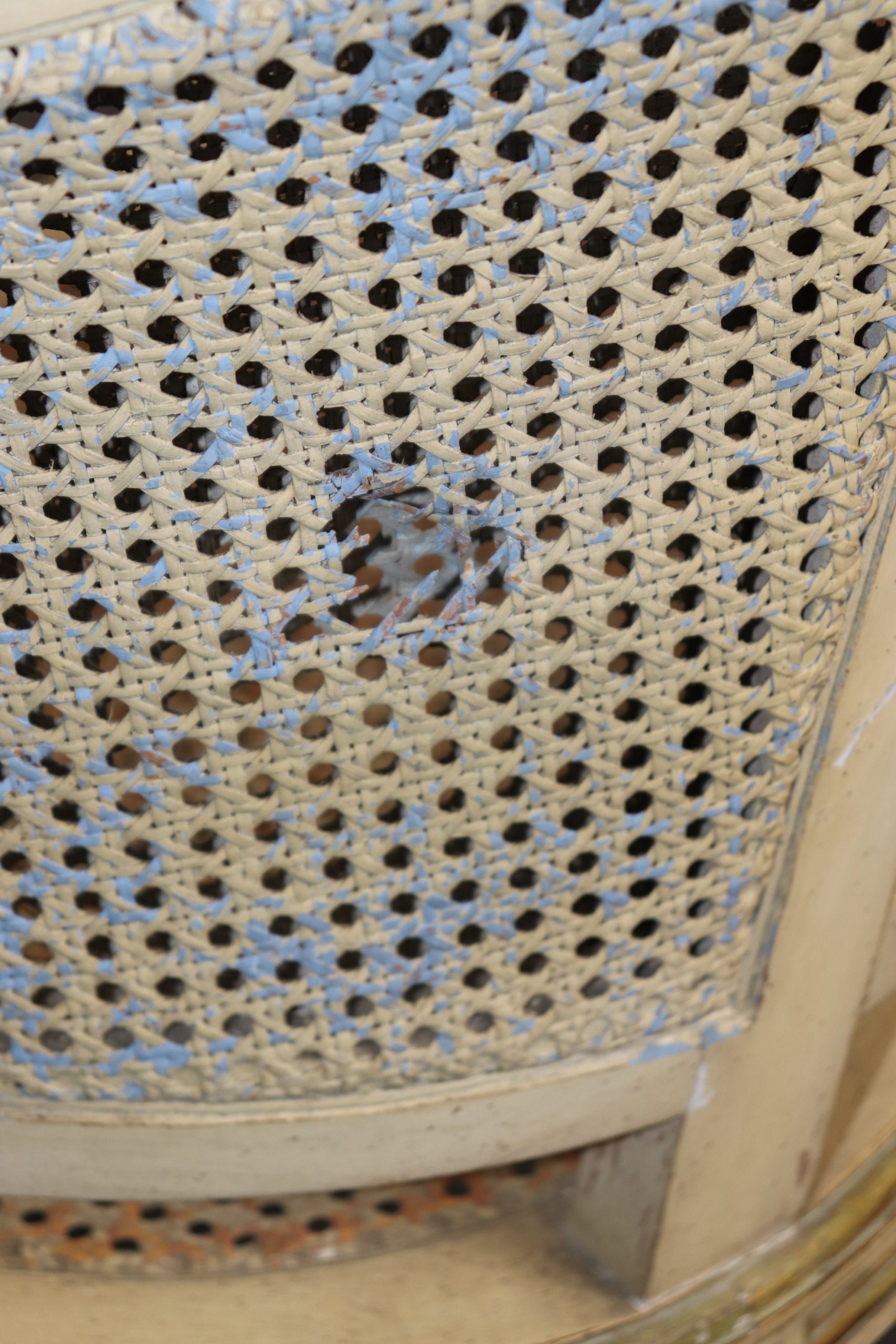 French Louis XVI Style Distressed Paint Decorated Cane Back Settee, Loveseat - Image 6