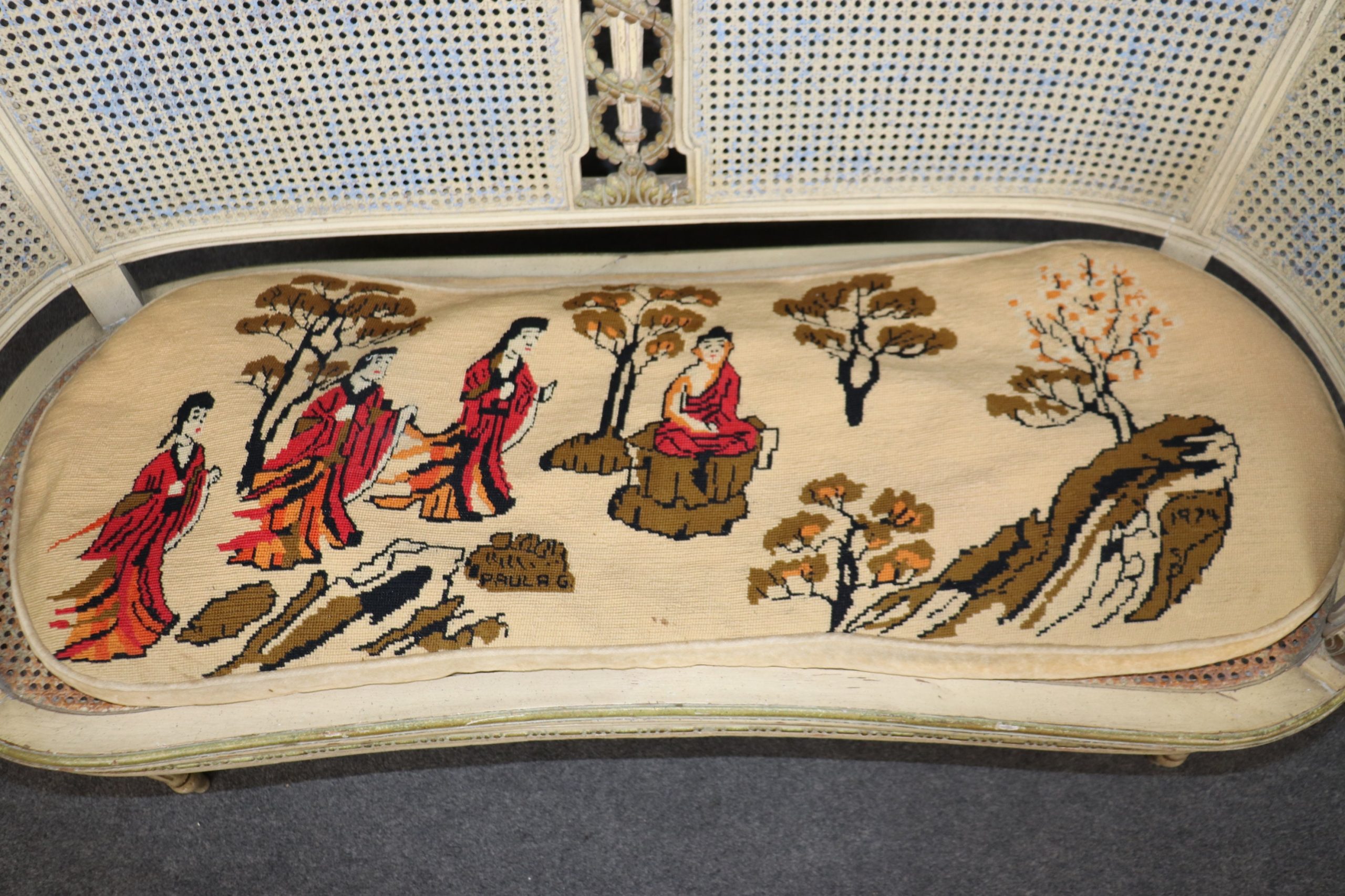 French Louis XVI Style Distressed Paint Decorated Cane Back Settee, Loveseat - Image 10