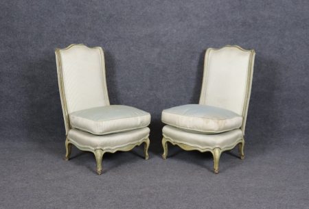 Pair French Louis XVI Style Robbins Egg Blue Paint Decorated Childrens Chairs Slipper Chairs, Antique Chairs