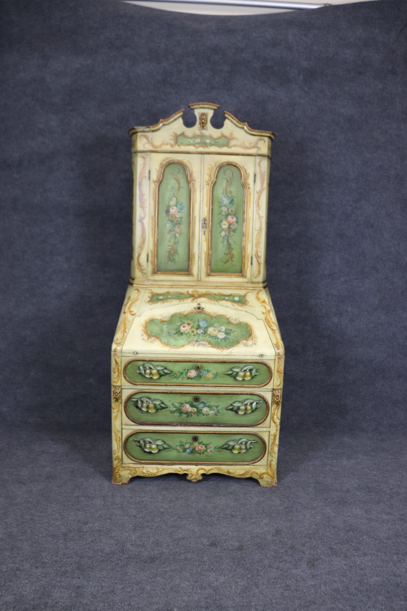 Antique 19th Century Italian Venetian 2 Piece Paint Decorated Secretary Desk, Vintage Secretary - Image 2