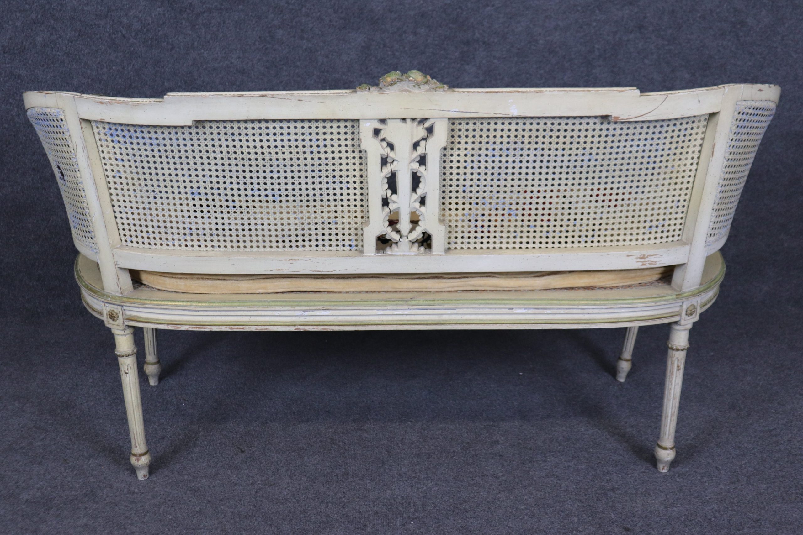 French Louis XVI Style Distressed Paint Decorated Cane Back Settee, Loveseat - Image 4