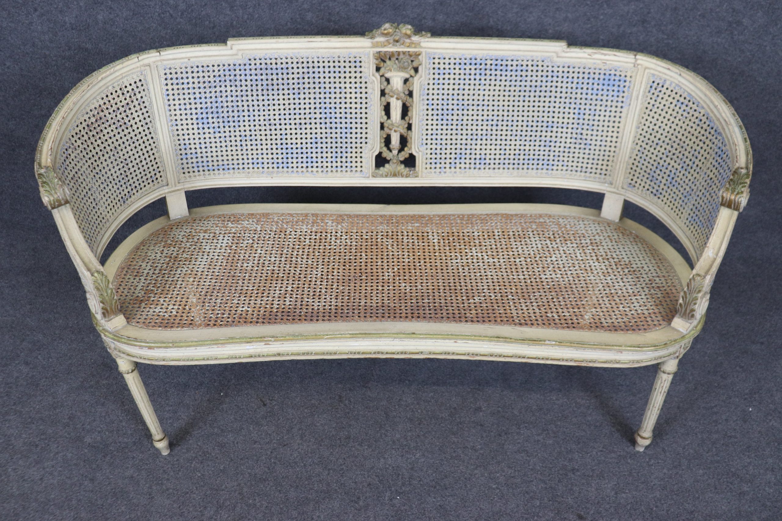 French Louis XVI Style Distressed Paint Decorated Cane Back Settee, Loveseat - Image 5