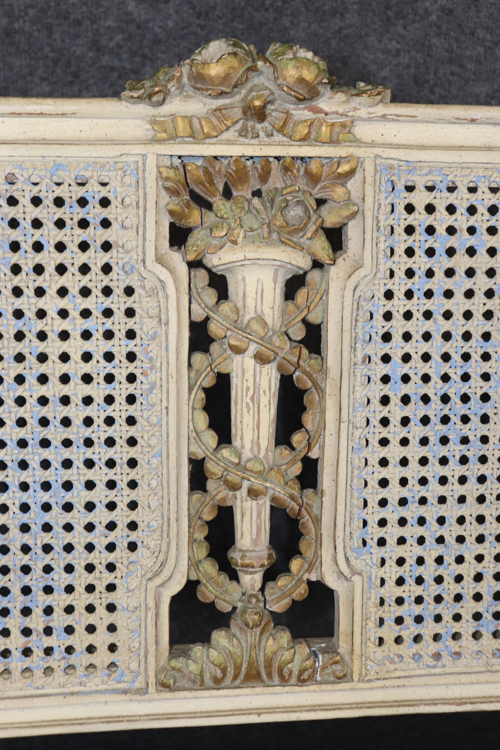 French Louis XVI Style Distressed Paint Decorated Cane Back Settee, Loveseat - Image 9