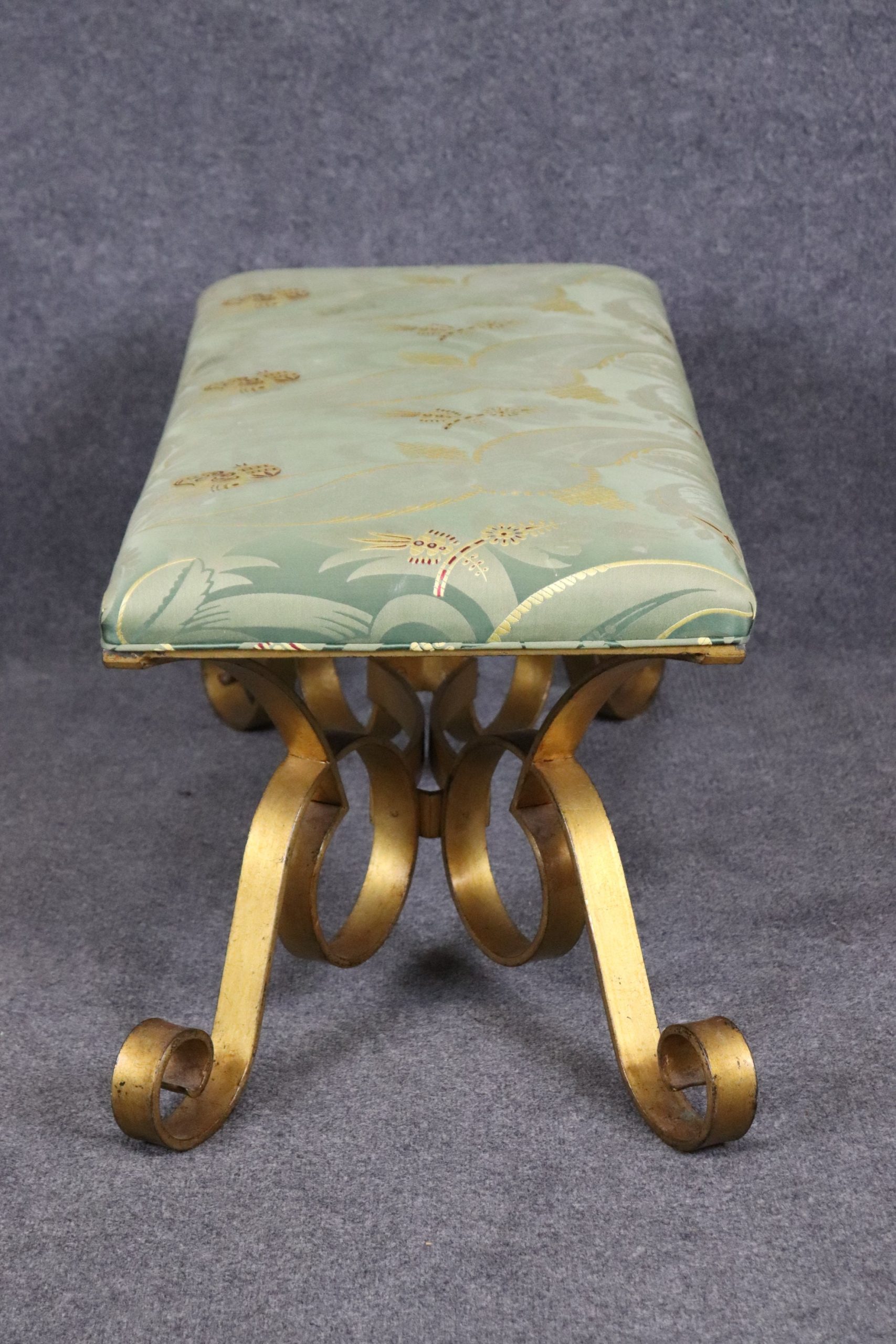 Vintage Hollywood Regency Gilt Metal Upholstered Bench, Footstool - Image 3