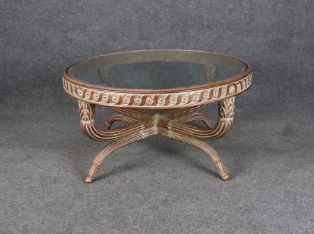 Vintage Louis XVI Directoire Style Paint Decorated Glass Top Coffee Table Cocktail Table, Living Room Furniture