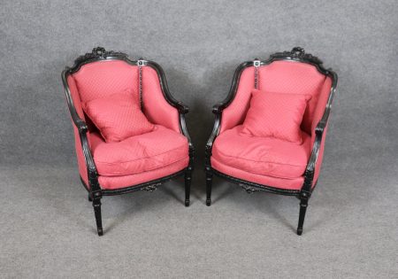 Pair of Louis XVI Style Ebonized Upholstered Bergeres, Armchairs