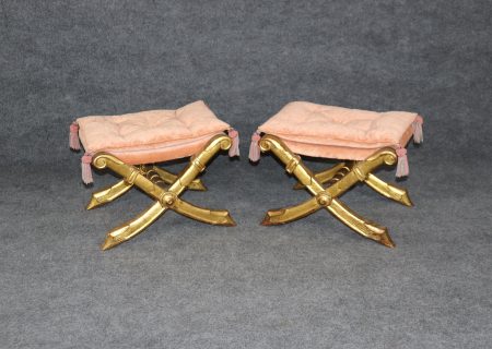 Pair of Carved Regency Style Gold Gilt X Benches Footstools, Upholstered Benches