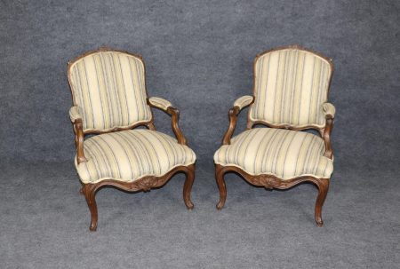 Antique French Louis XV Style Armchairs: Upholstered Bergeres, 19th Century Pair
