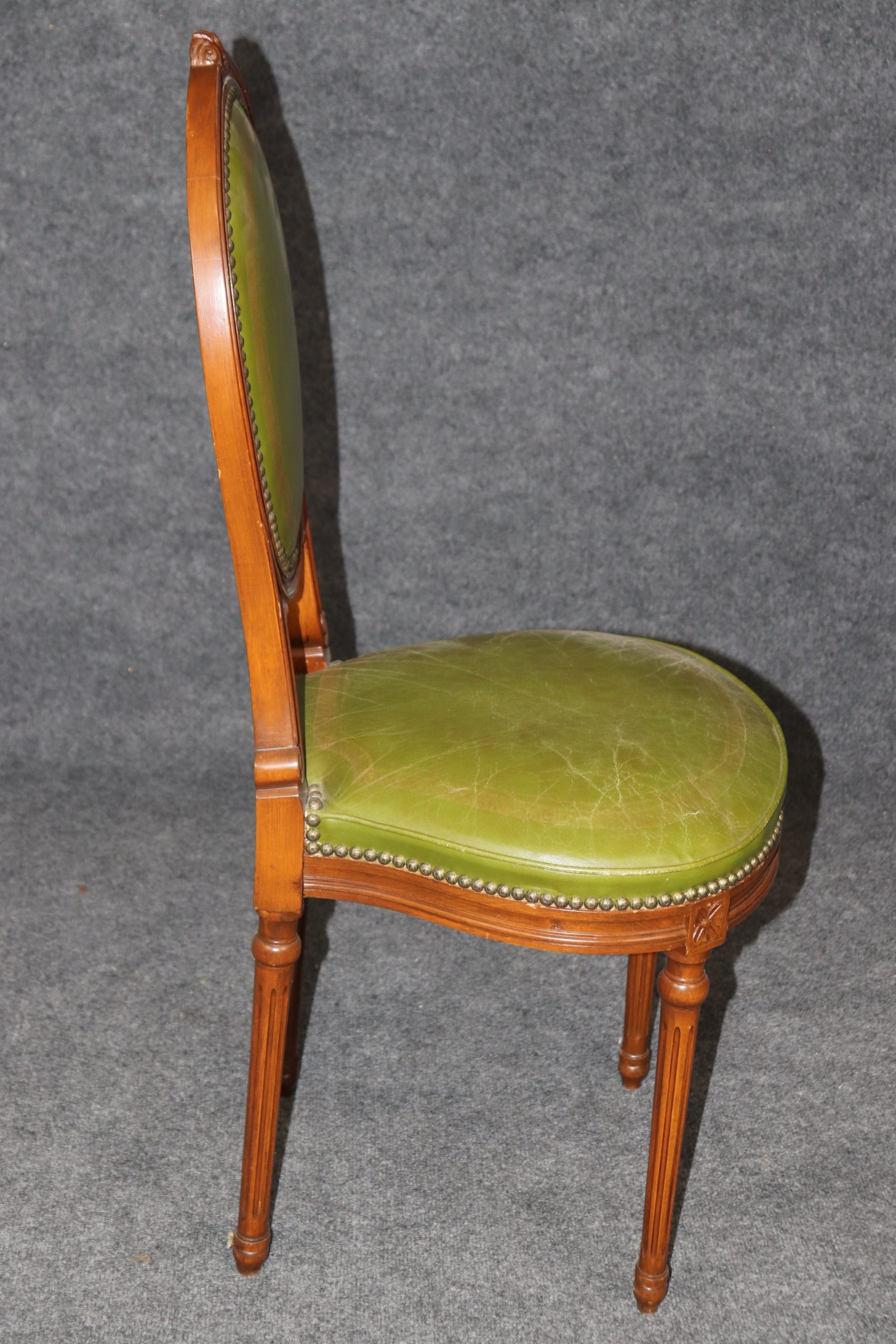 Vintage Louis XVI Style Green Leather Side Chair, Accent Chair - Image 5