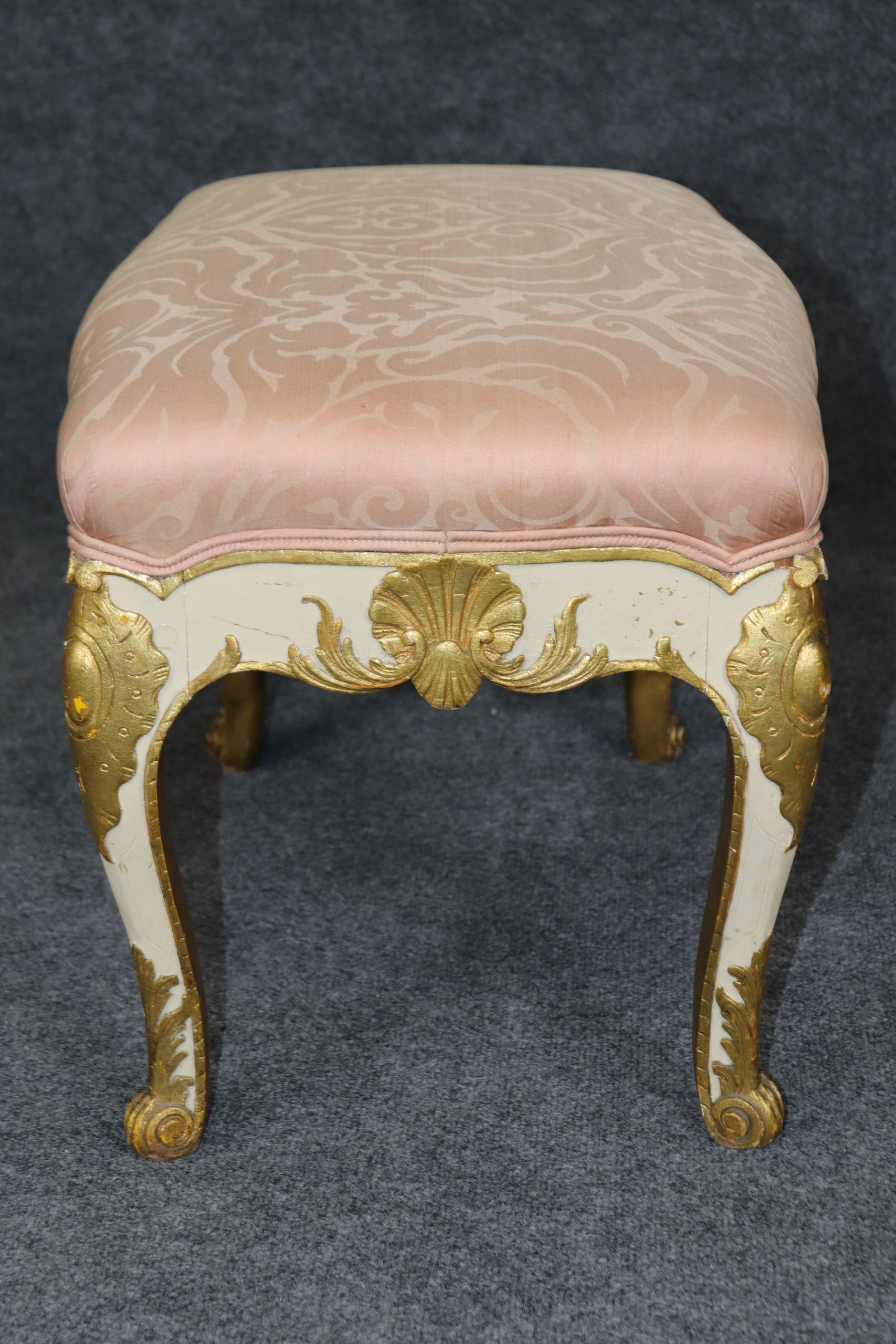 Antique Early 20th Century Regency Style Carved Creme and Gold Gilt Bench, Footstool - Image 3