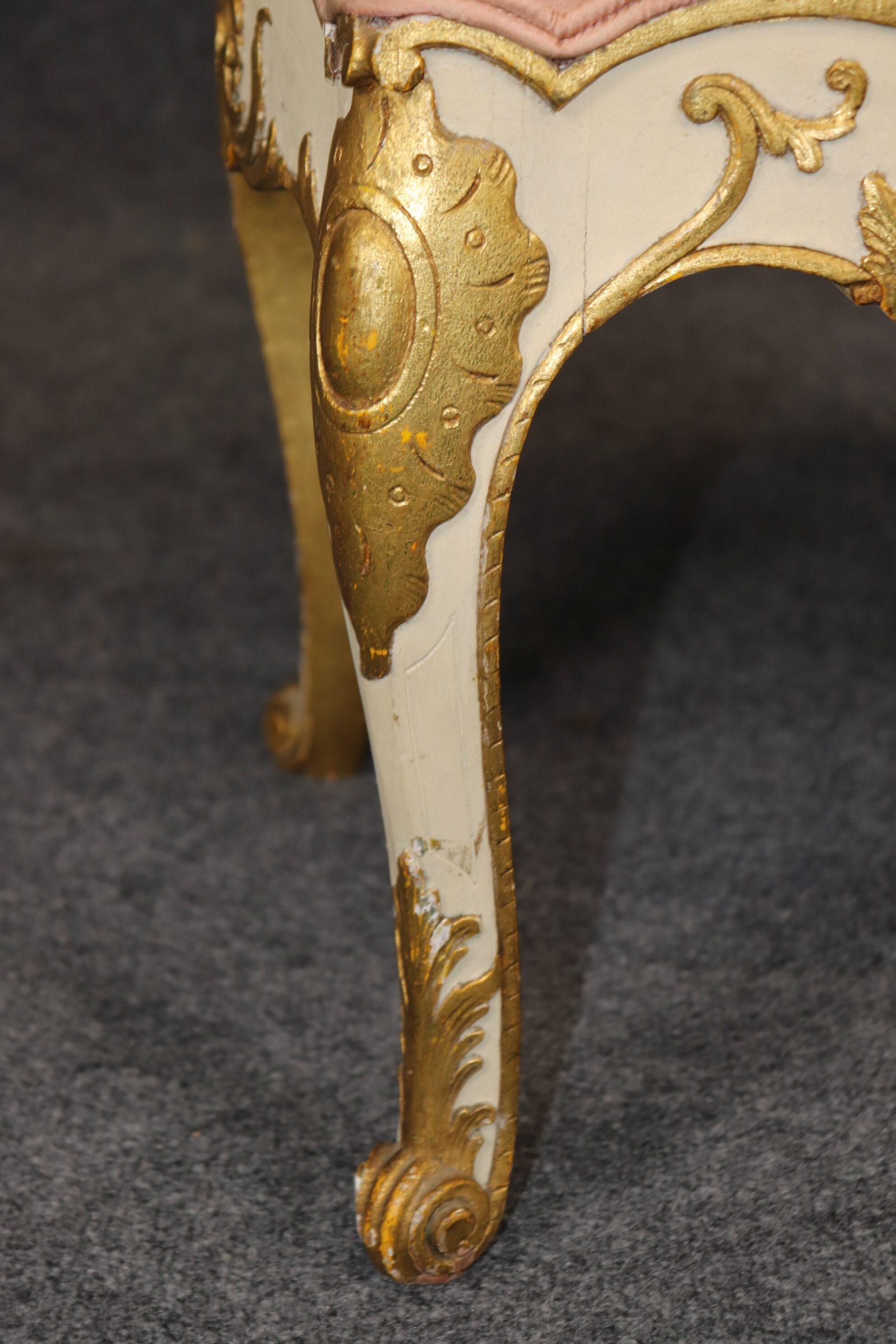 Antique Early 20th Century Regency Style Carved Creme and Gold Gilt Bench, Footstool - Image 7
