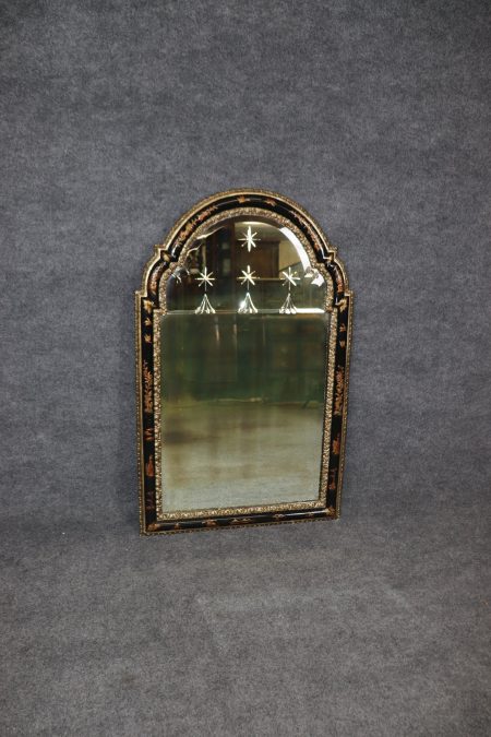 Vintage Ebonized Chinoiserie Etched Panel Wall Hanging Mirror manner of Maison Jansen, Lacquered Mirror