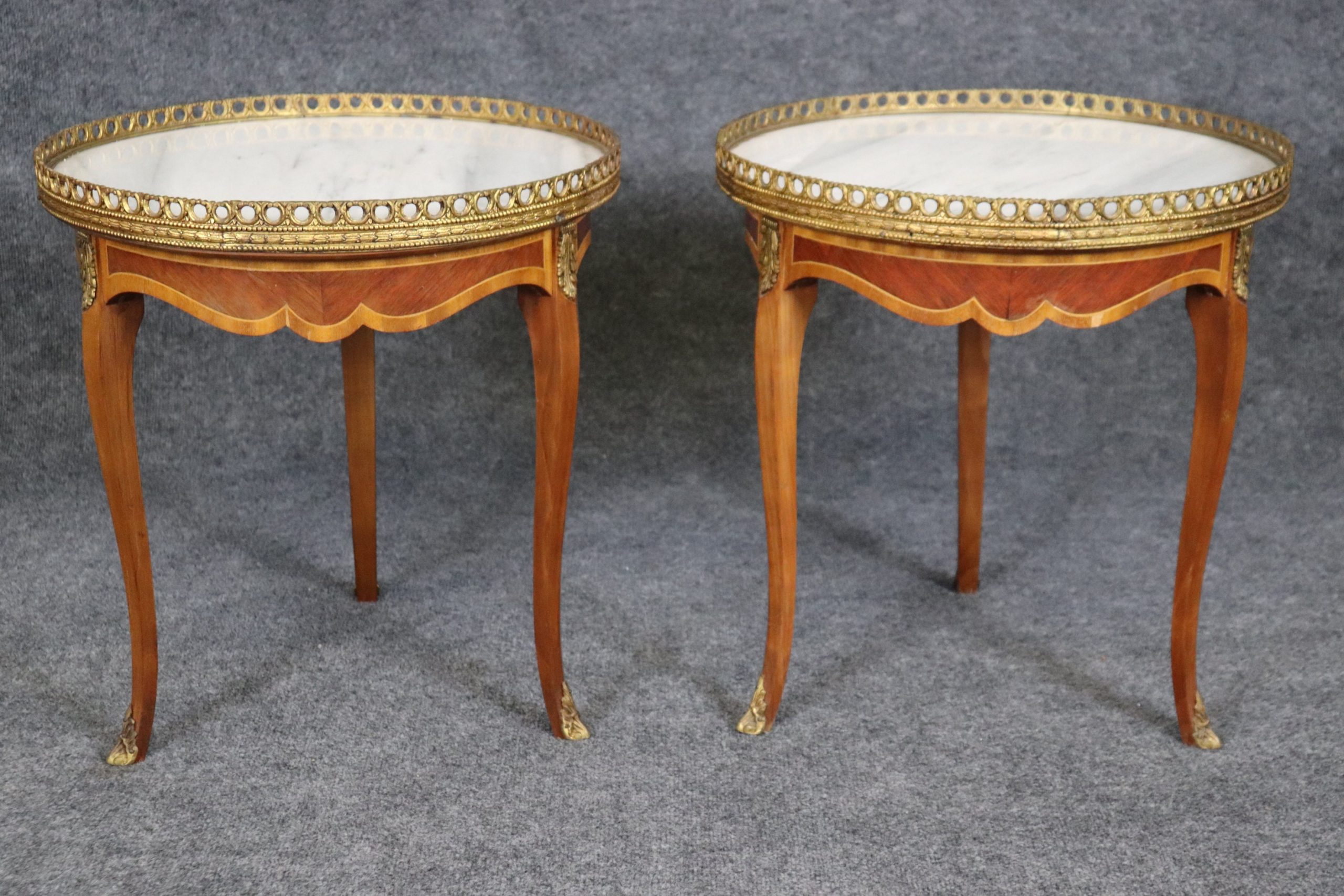 Pair Louis XV Style Brass Mounted Inlaid Marble Top End Tables Side Tables, Accent Tables - Image 2