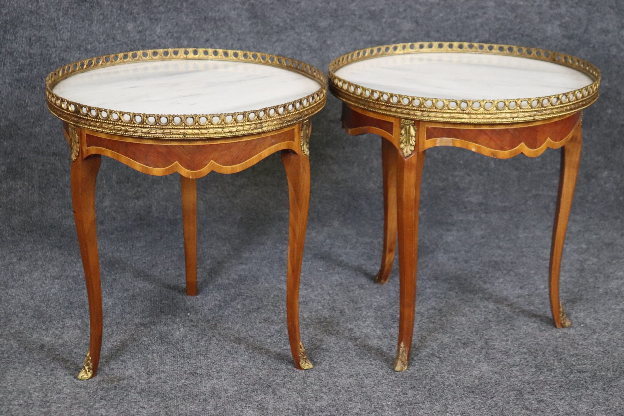 Pair Louis XV Style Brass Mounted Inlaid Marble Top End Tables Side Tables, Accent Tables - Image 3