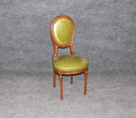 Vintage Louis XVI Style Green Leather Side Chair, Accent Chair