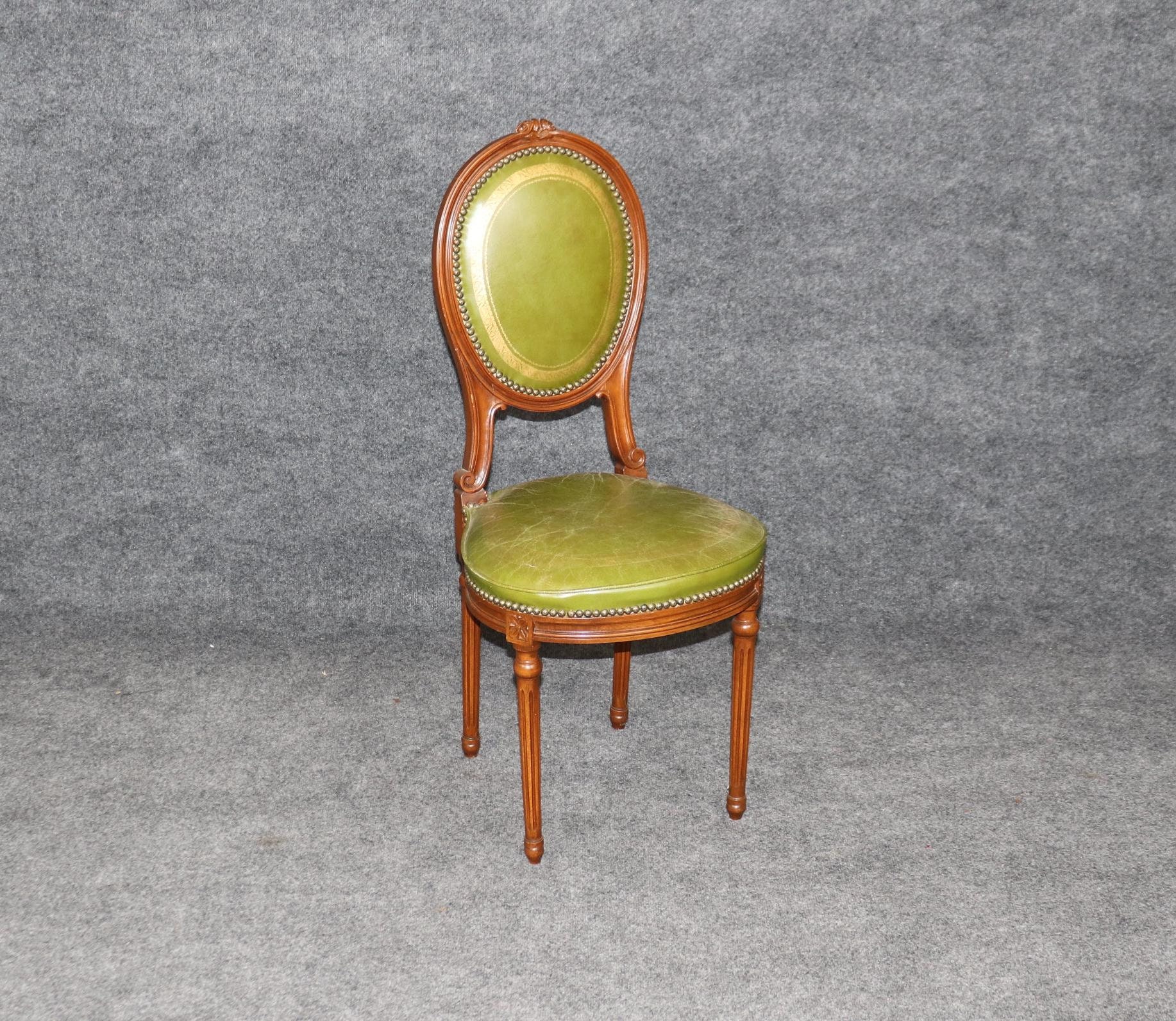 Vintage Louis XVI Style Green Leather Side Chair, Accent Chair