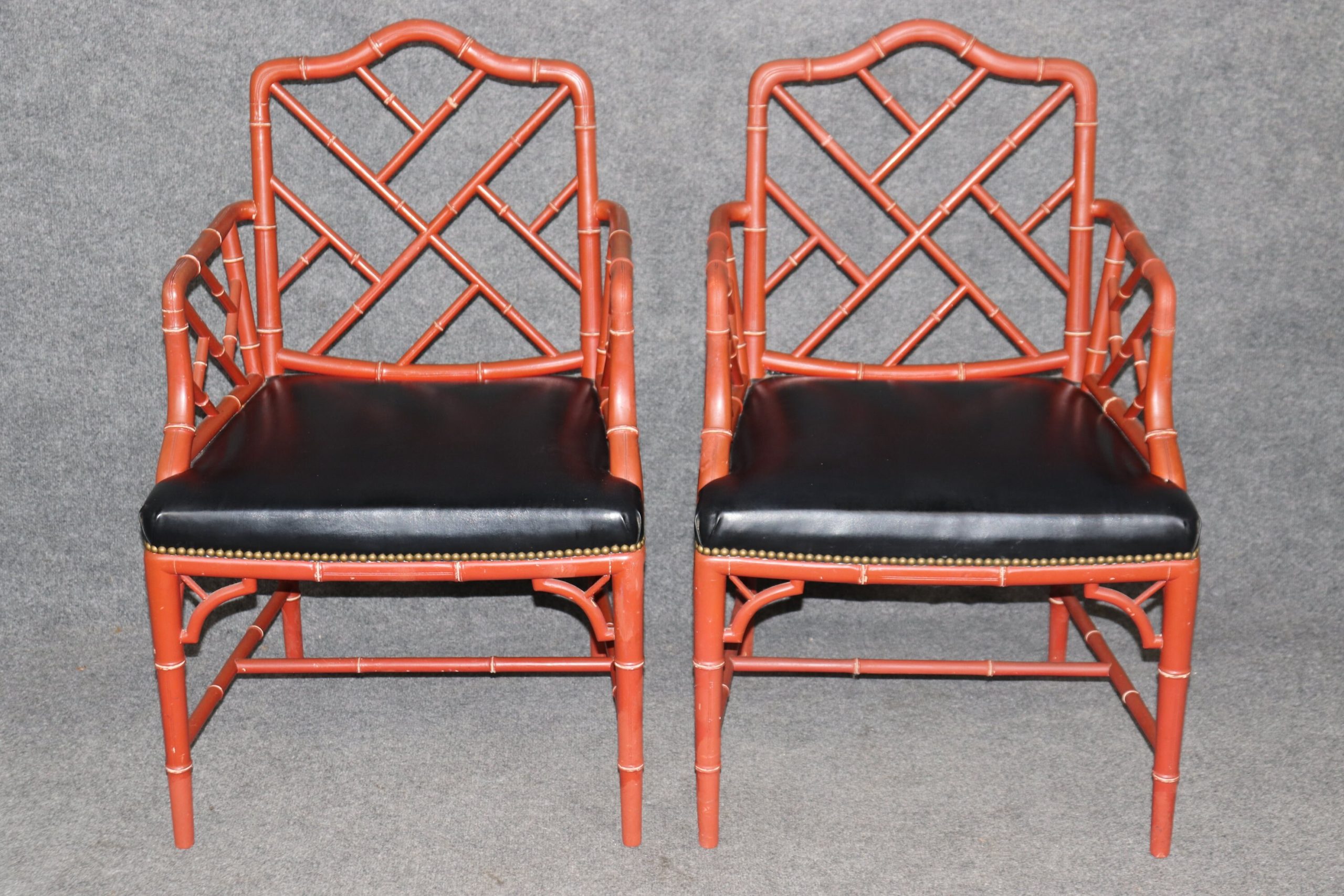Mid Century Pair of Regency Style Red Faux Bamboo Armchairs, Accent Chairs - Image 2