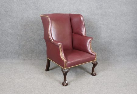 Carved Chippendale Style Leather and Mahogany Wingback Chair Armchair, Wing Chair