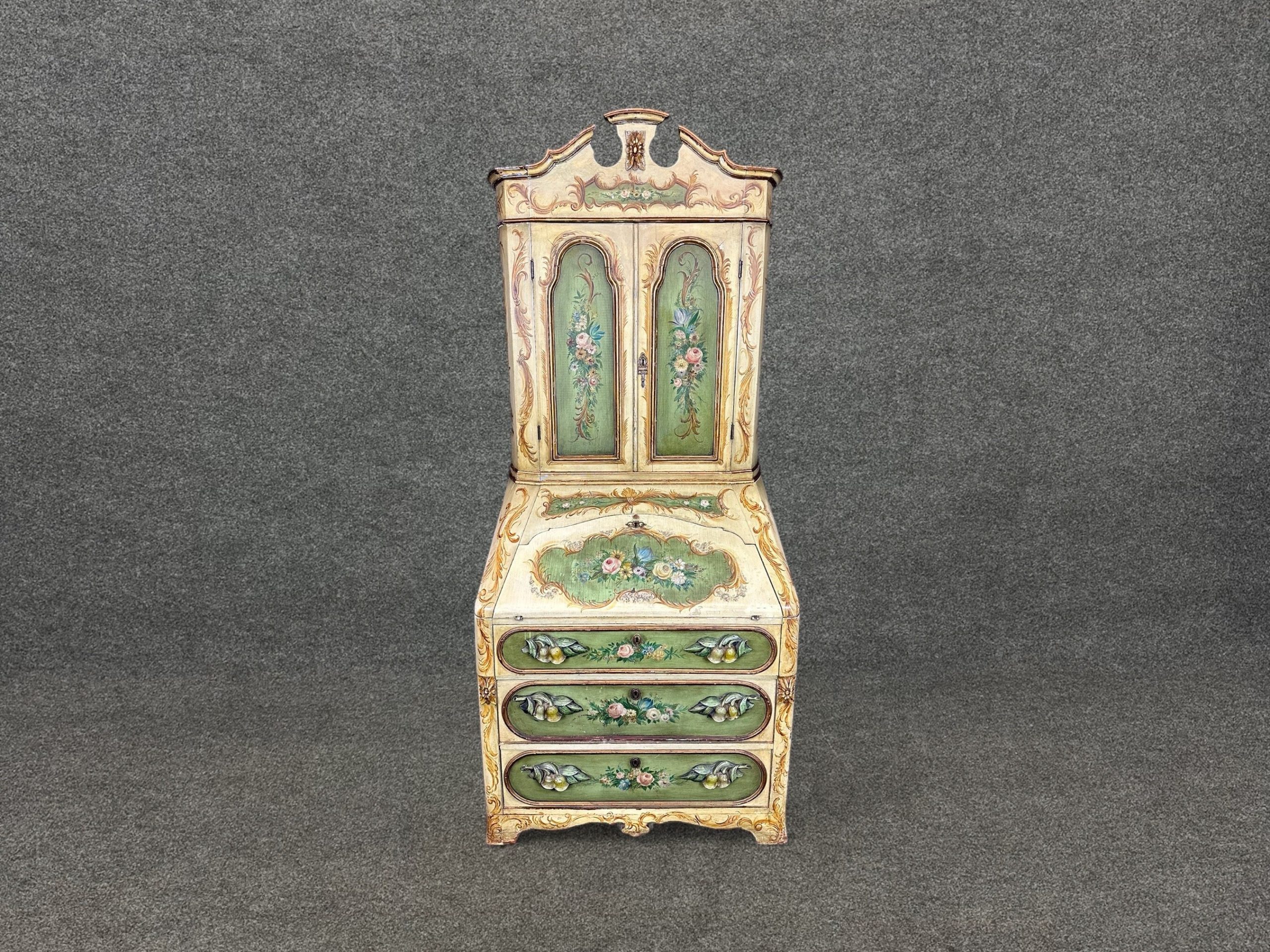 Antique 19th Century Italian Venetian 2 Piece Paint Decorated Secretary Desk, Vintage Secretary