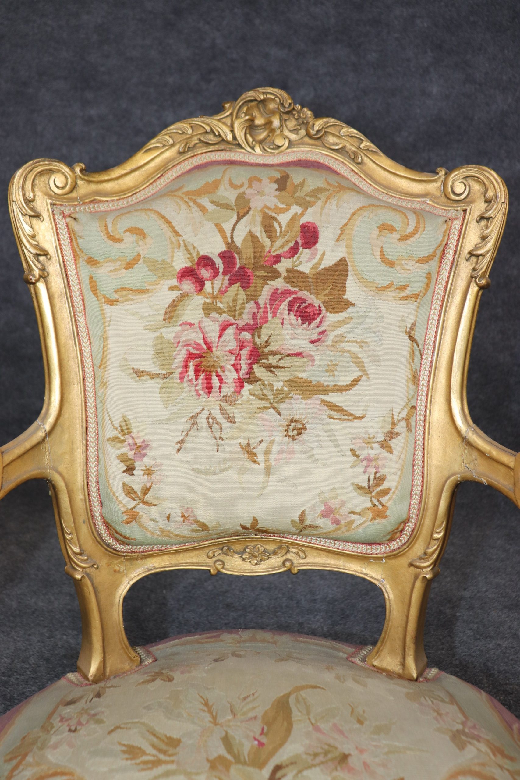 French Louis XV Style Gold Gilt Tapestry Armchair circa 1930s, French Decor - Image 8