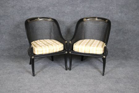 Vintage Pair of Regency Style Ebonized Black Cane Back Bergeres with Brass Accents, Vintage Chairs