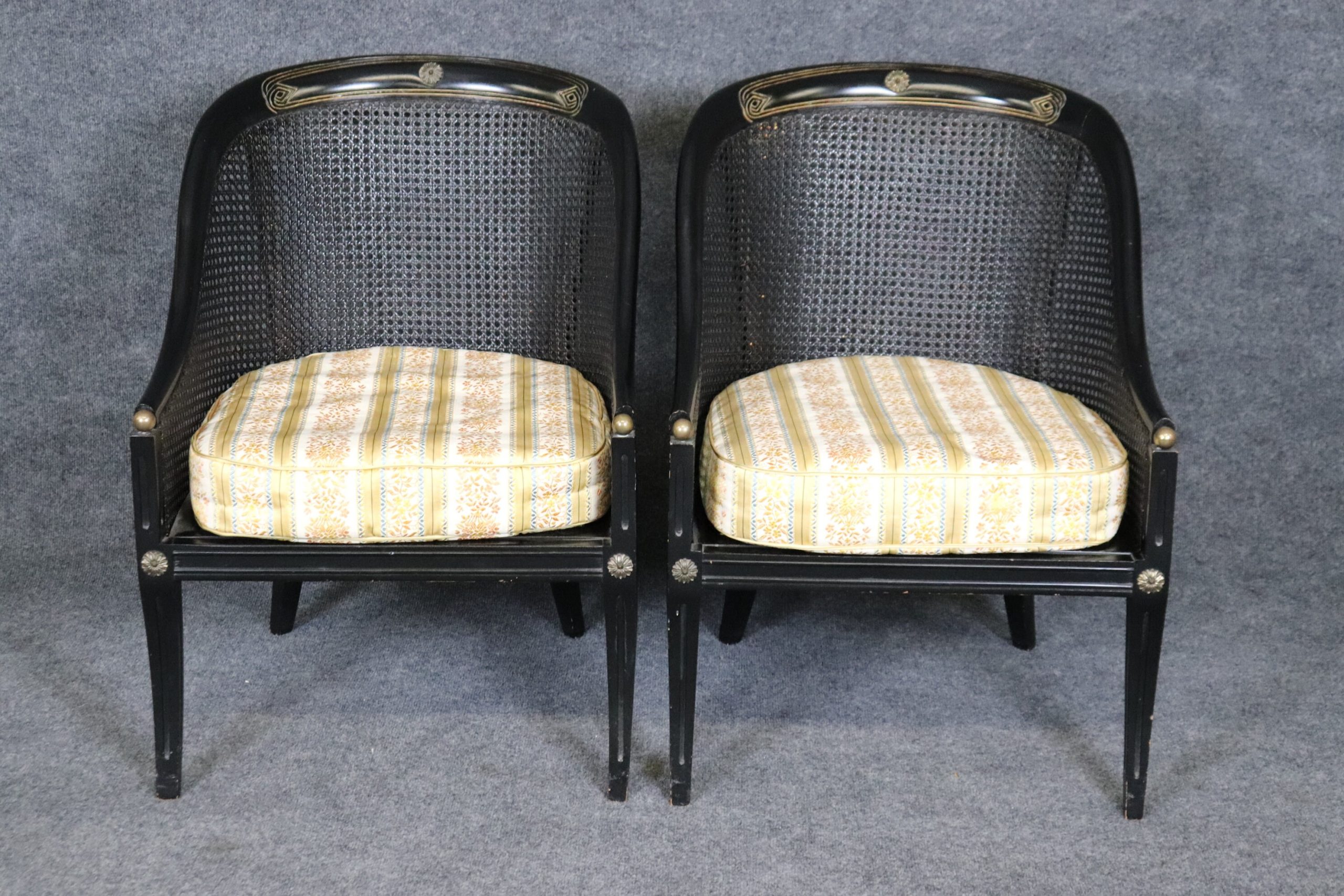 Vintage Pair of Regency Style Ebonized Black Cane Back Bergeres with Brass Accents, Vintage Chairs - Image 2