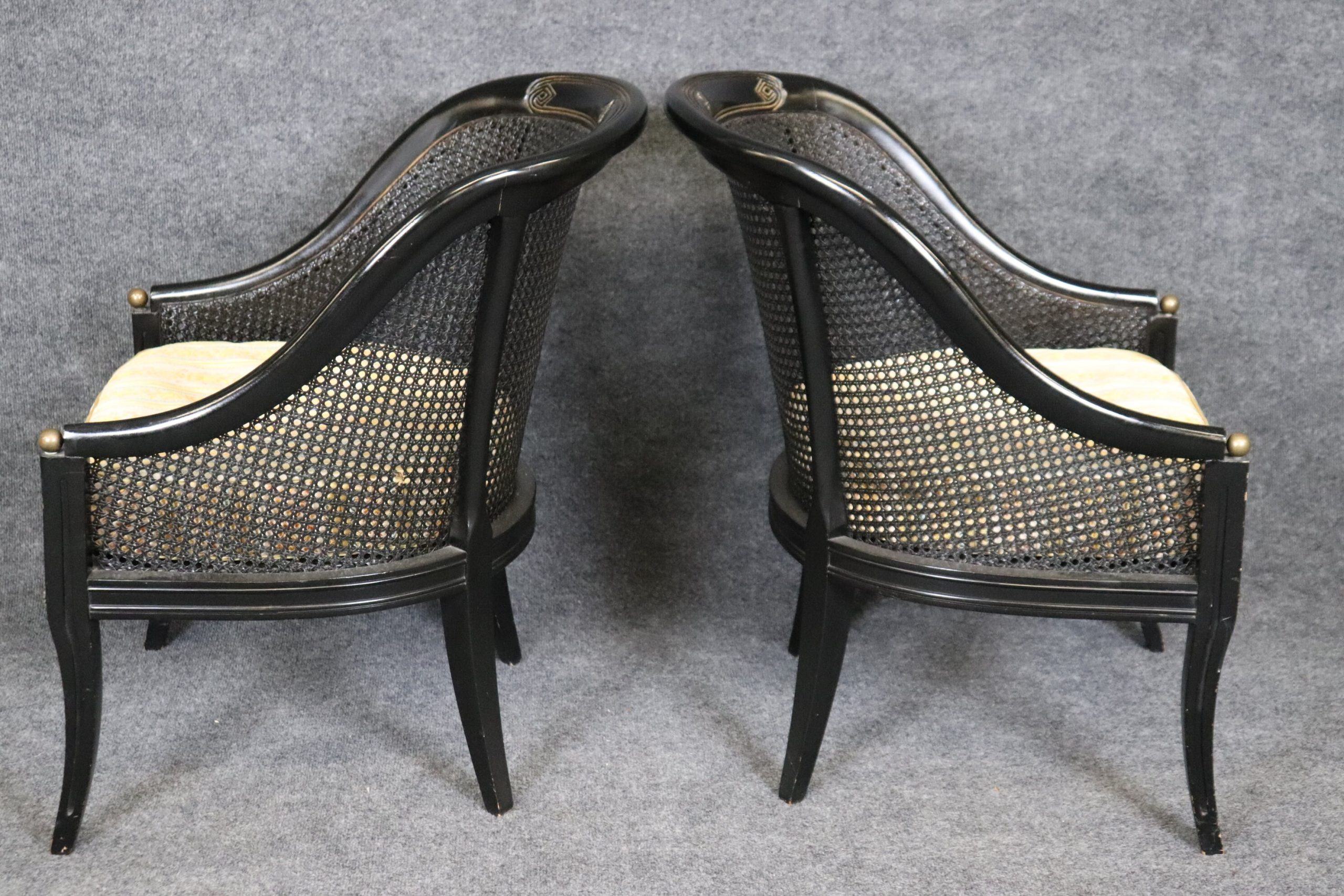 Vintage Pair of Regency Style Ebonized Black Cane Back Bergeres with Brass Accents, Vintage Chairs - Image 3