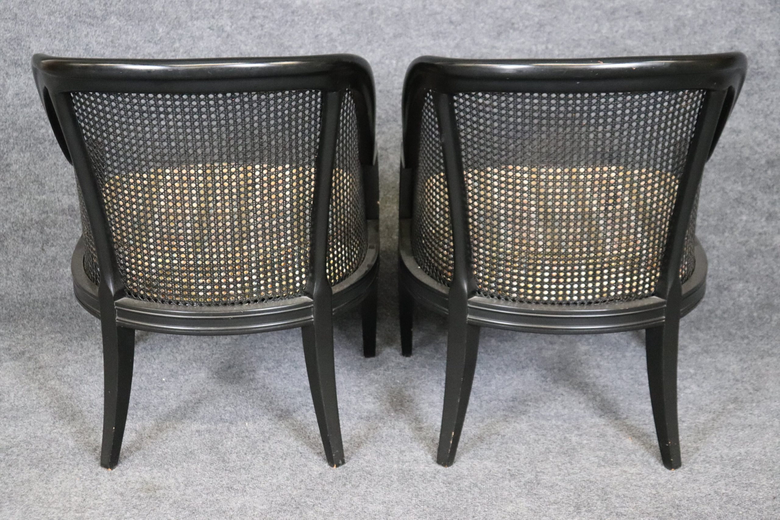 Vintage Pair of Regency Style Ebonized Black Cane Back Bergeres with Brass Accents, Vintage Chairs - Image 4