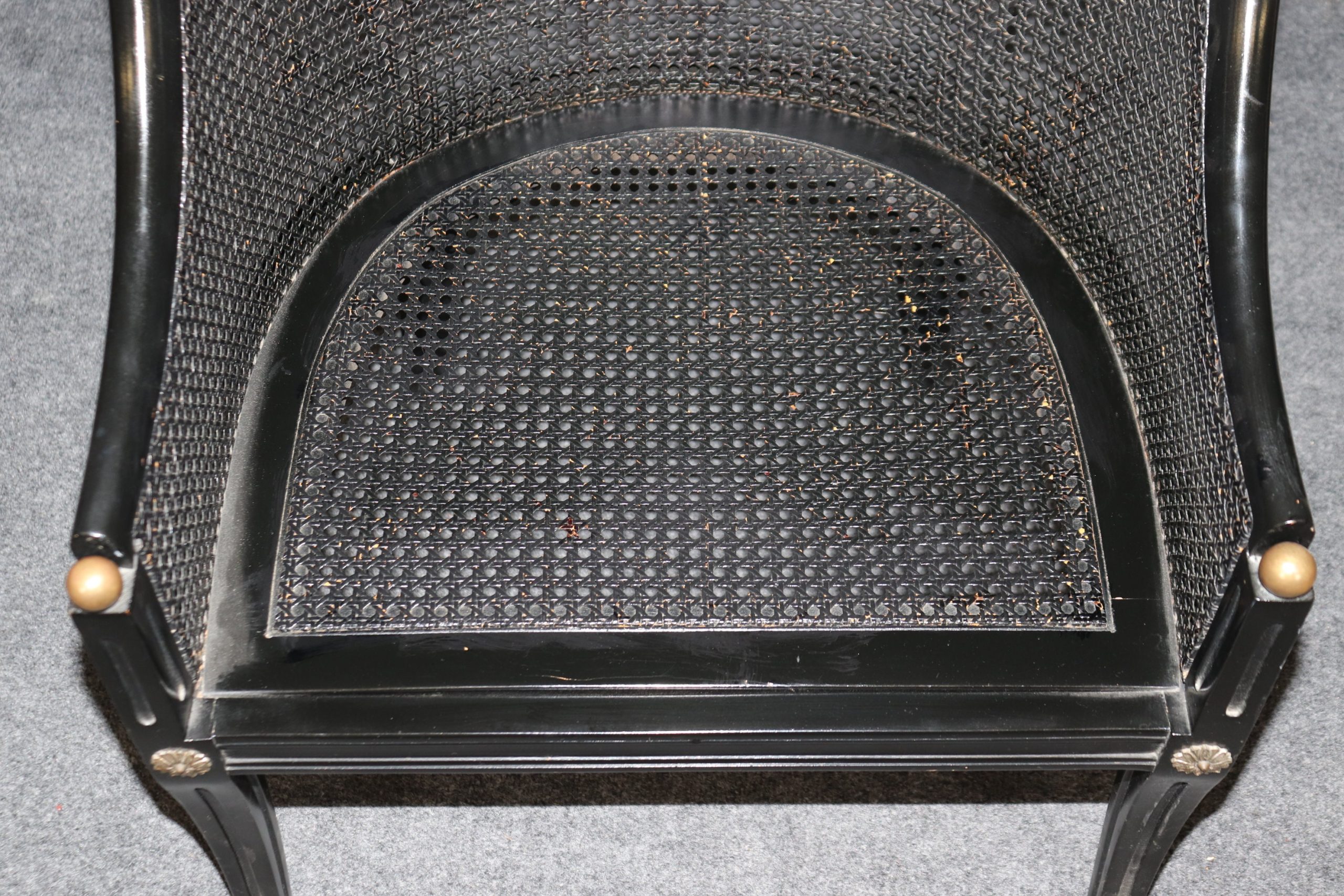 Vintage Pair of Regency Style Ebonized Black Cane Back Bergeres with Brass Accents, Vintage Chairs - Image 10