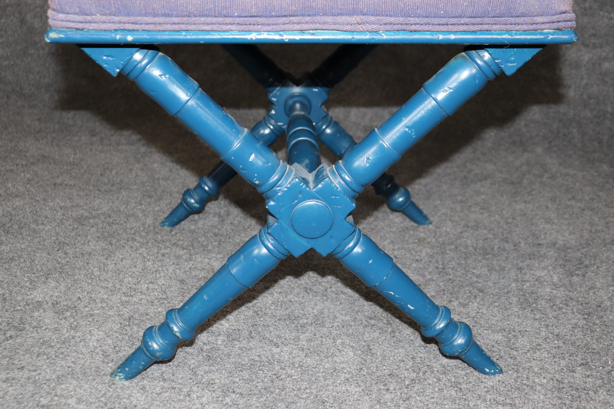 Mid Century Pair of Blue Regency Style X Benches, Footstools - Image 6