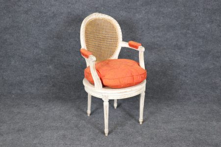 Louis XVI Style Cane Back Armchair: Distressed Off-White Accent Chair