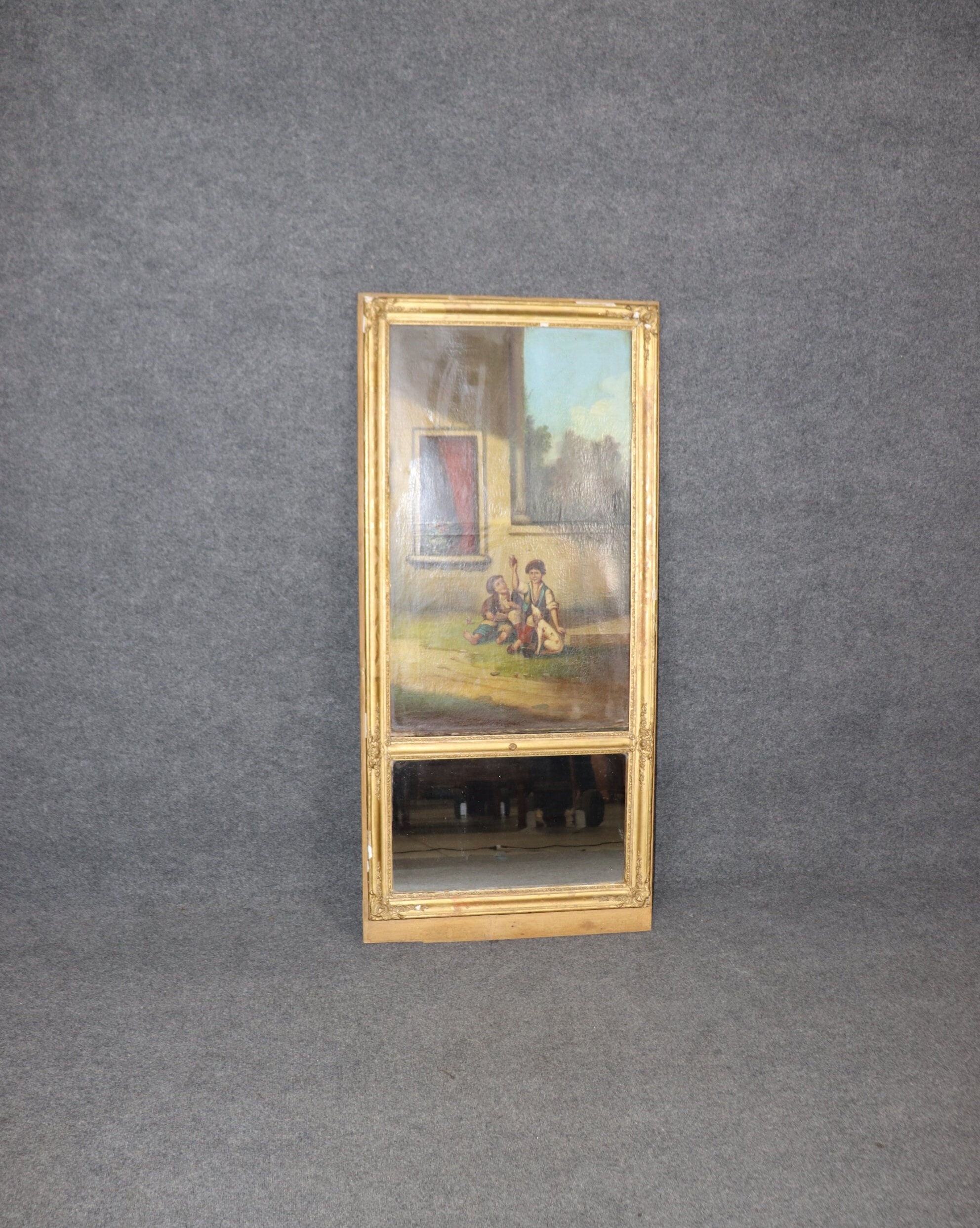 Antique 19th Century Distressed Gold Gilt Trumeau Wall Hanging Mirror, Accent Mirror