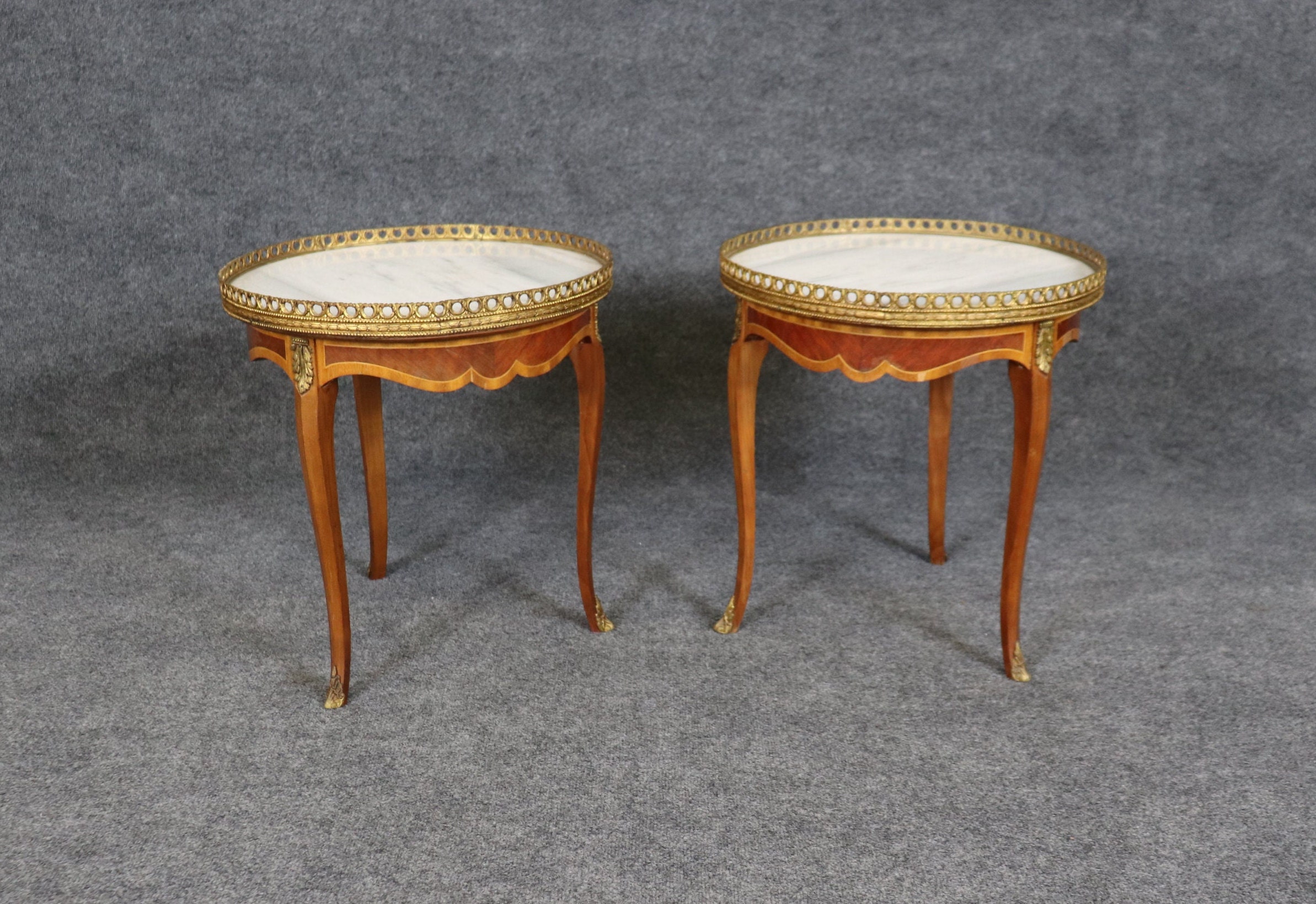 Pair Louis XV Style Brass Mounted Inlaid Marble Top End Tables Side Tables, Accent Tables