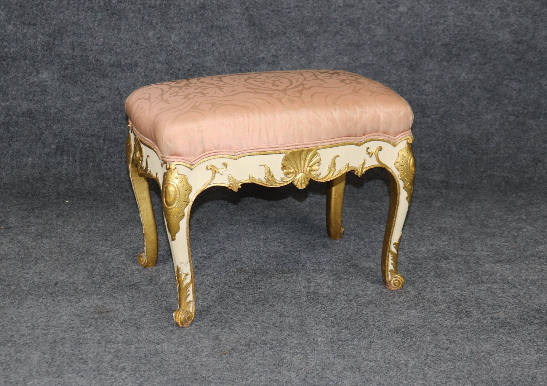 Antique Early 20th Century Regency Style Carved Creme and Gold Gilt Bench, Footstool