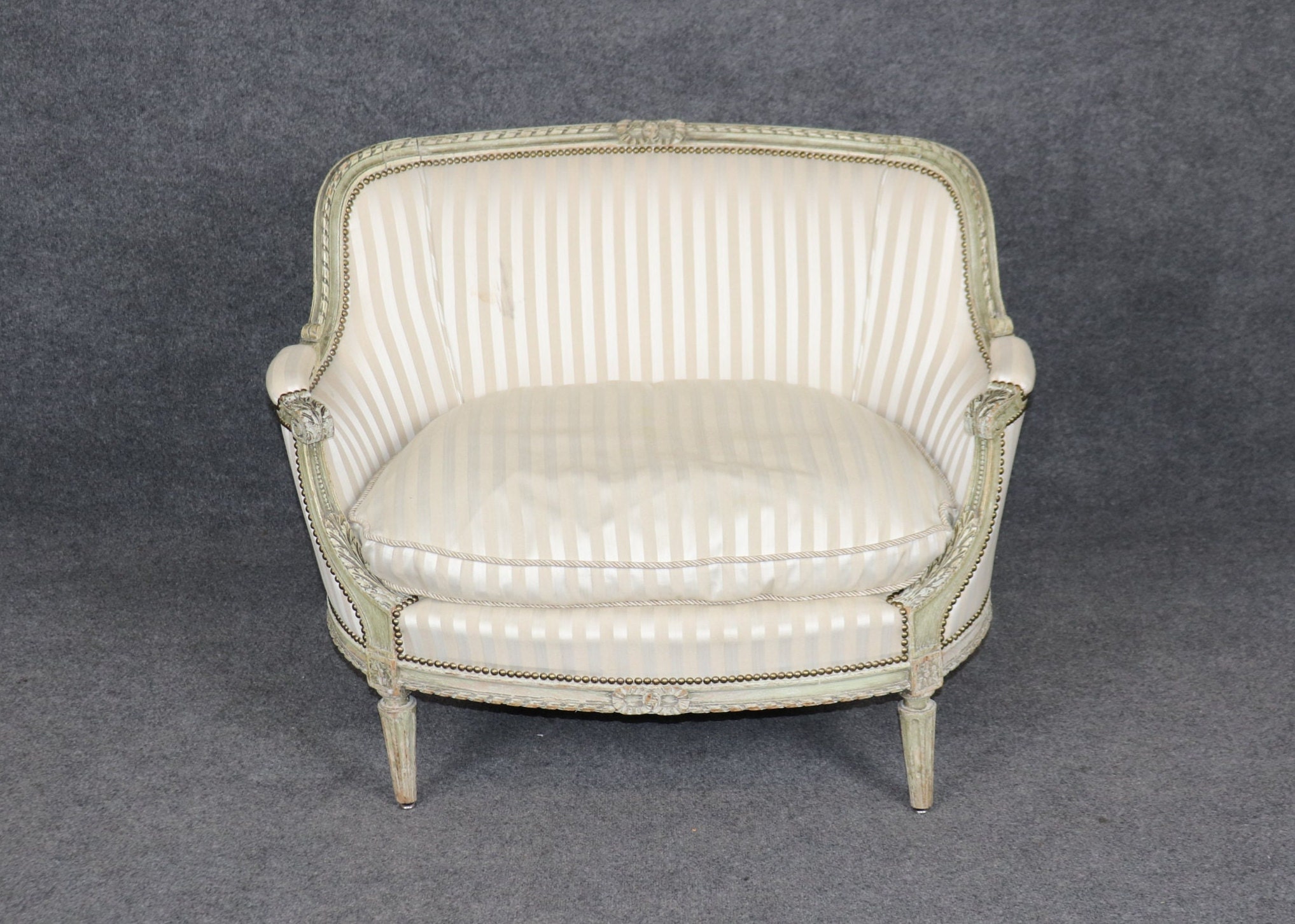 Antique French 19th Century Louis XVI Style Distressed Paint Decorated Settee, Loveseat