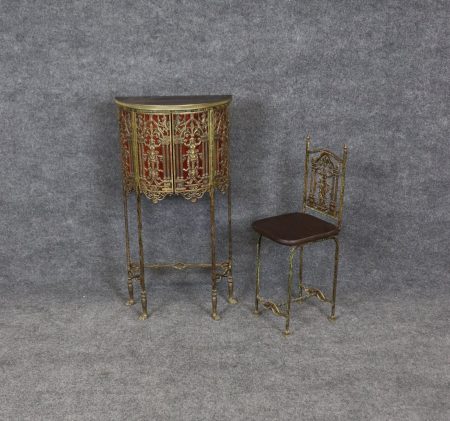 Vintage Oscar Bach Style Petite Demilune Console with Chair, Cabinet