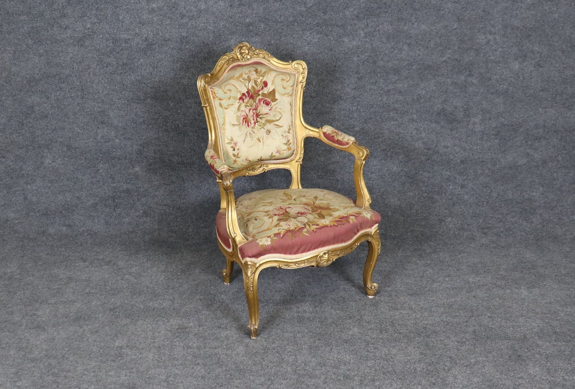 French Louis XV Style Gold Gilt Tapestry Armchair circa 1930s, French Decor